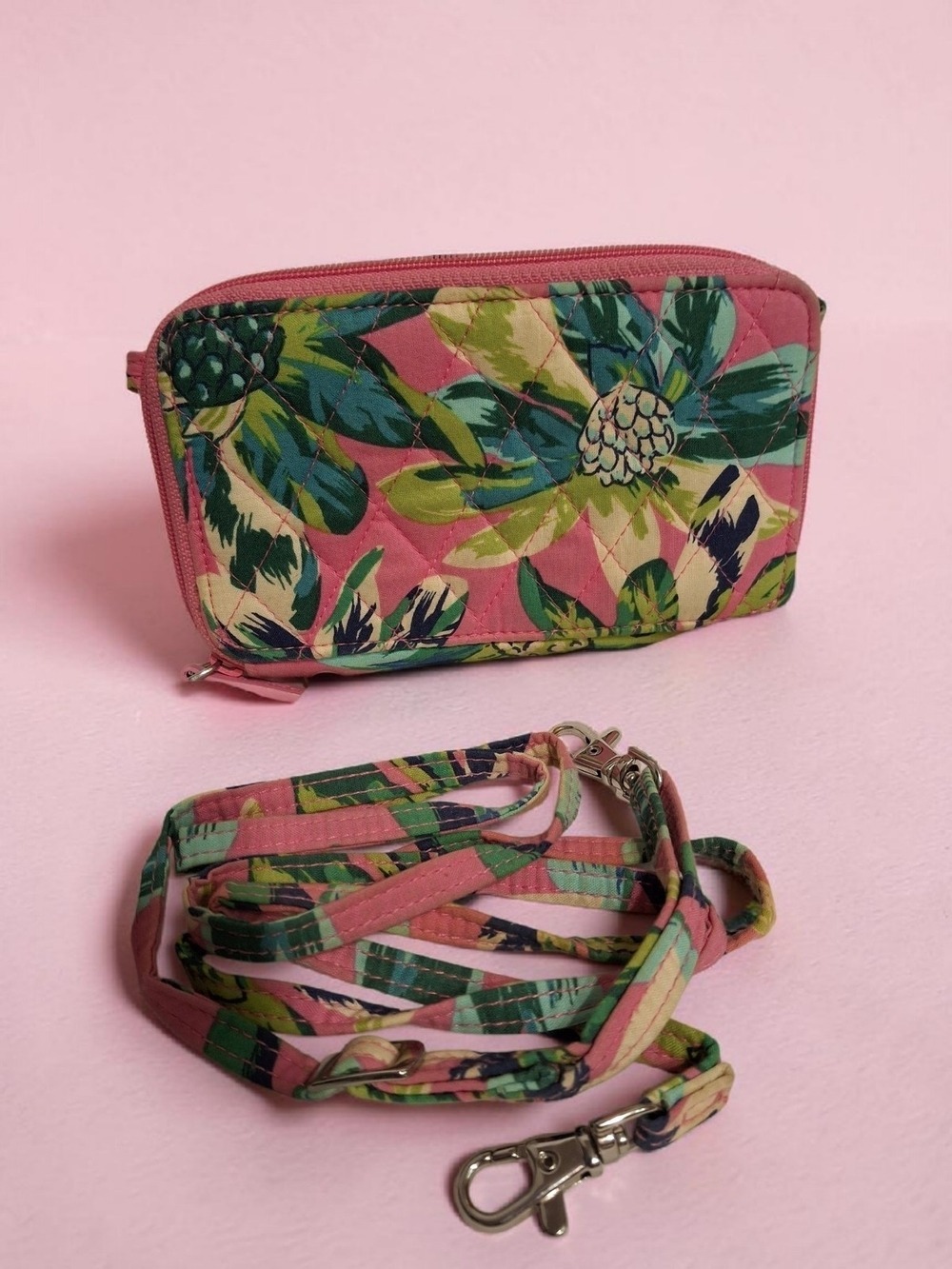 Vera Bradley RFID Floral Tropical Paradise Quilted Crossbody Wallet W/ Strap